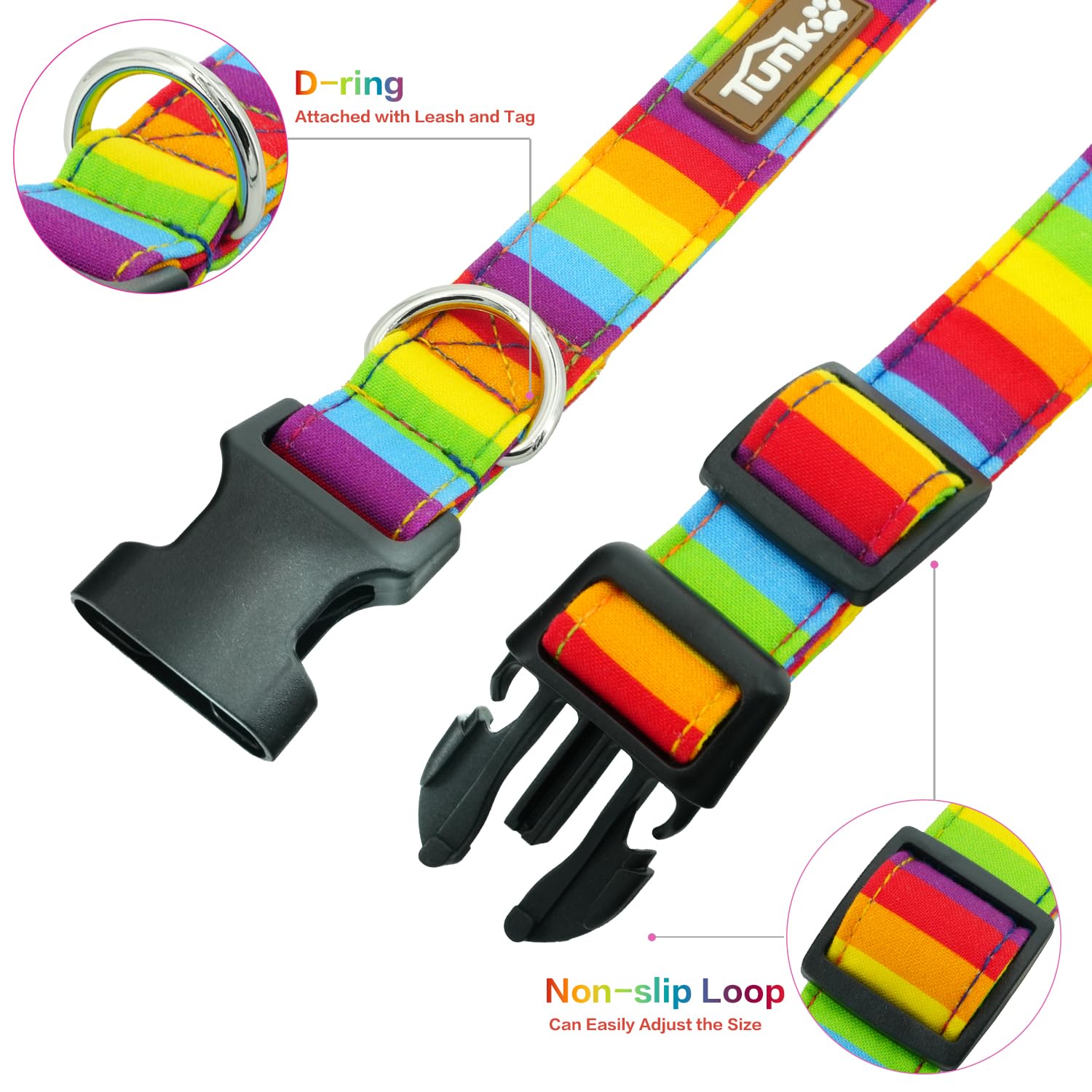 Tunkoo Rainbow Dog Collar, Cute Adjustable Striped Collar for LGBT Pride Month, Dog Collar with Strong Plastic Buckle - for Small Medium Large Pets, S