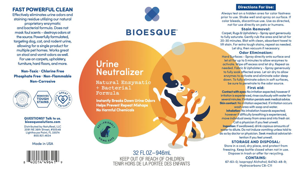 Bioesque Urine Neutralizer, Pet-Friendly Natural Enzymatic & Bacterial Formula, Instantly Breaks Down Urine Odors, Helps Prevent Repeat Mishaps, 32 Fl Oz (Pack of 1)