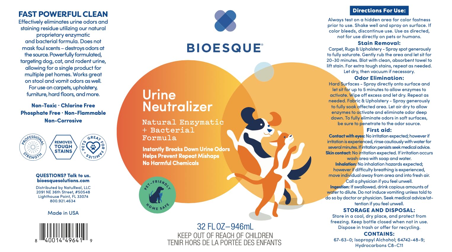 Bioesque Urine Neutralizer, Pet-Friendly Natural Enzymatic & Bacterial Formula, Instantly Breaks Down Urine Odors, Helps Prevent Repeat Mishaps, 32 Fl Oz (Pack of 1)