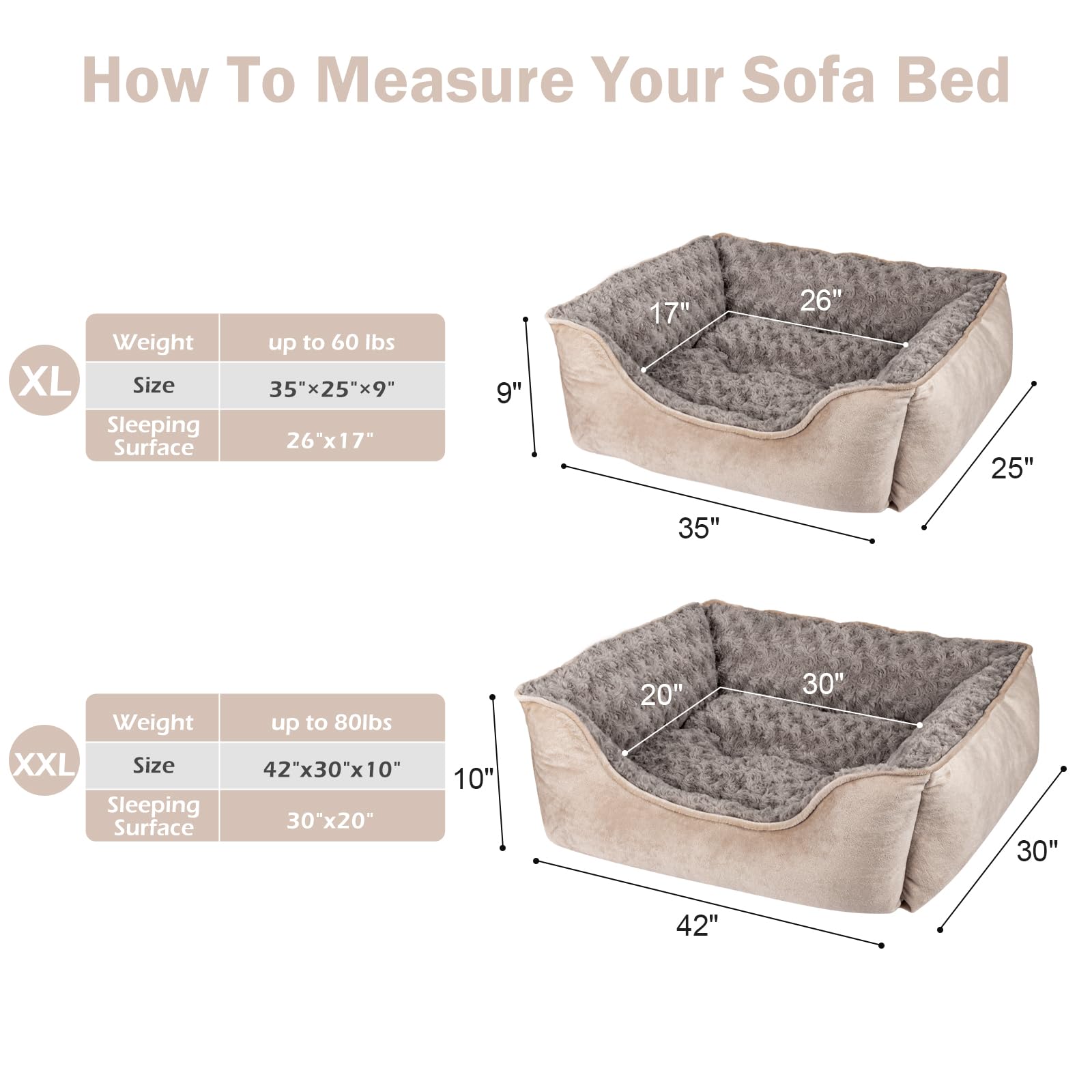 JOEJOY Rectangle Dog Bed for Large Medium Small Dogs - Washable Orthopedic Sofa Bed, Soft Breathable Puppy & Pet Cuddler, Durable Calming Dog Bed with Anti-Slip Bottom, Multiple Sizes, Beige