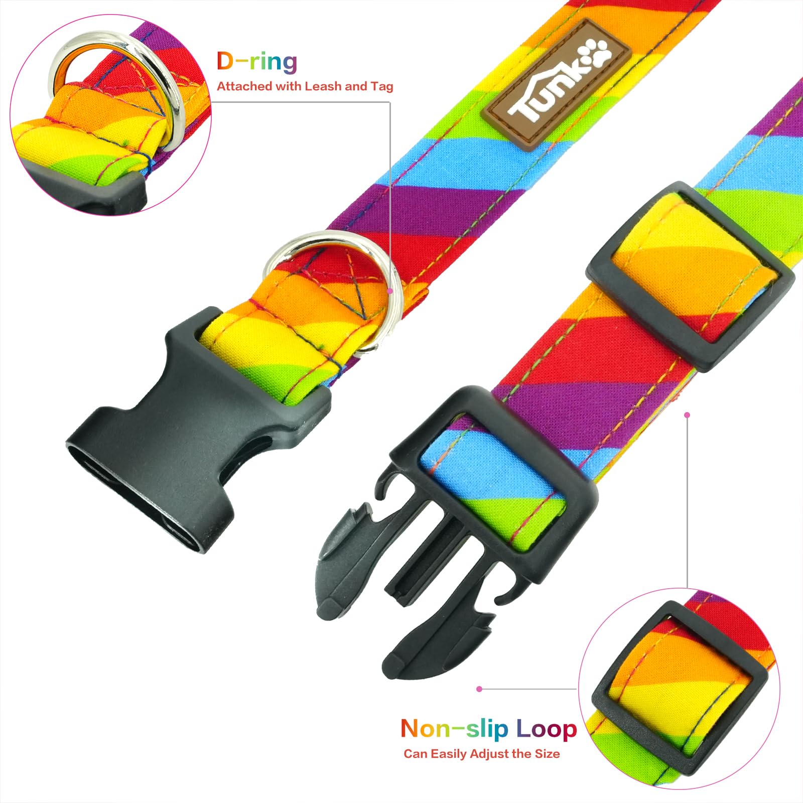 Tunkoo Rainbow Dog Collar, Cute Adjustable Striped Collar for LGBT Pride Month, Dog Collar with Strong Plastic Buckle - for Small Medium Large Pets, S