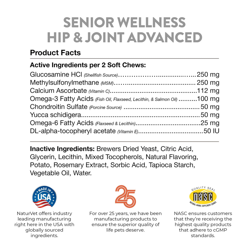 NaturVet – Senior Wellness Hip & Joint Advanced Plus Omegas | Help Support Your Pet’s Healthy Hip & Joint Function | Supports Joints, Cartilage & Connective Tissues | 120 Soft Chews